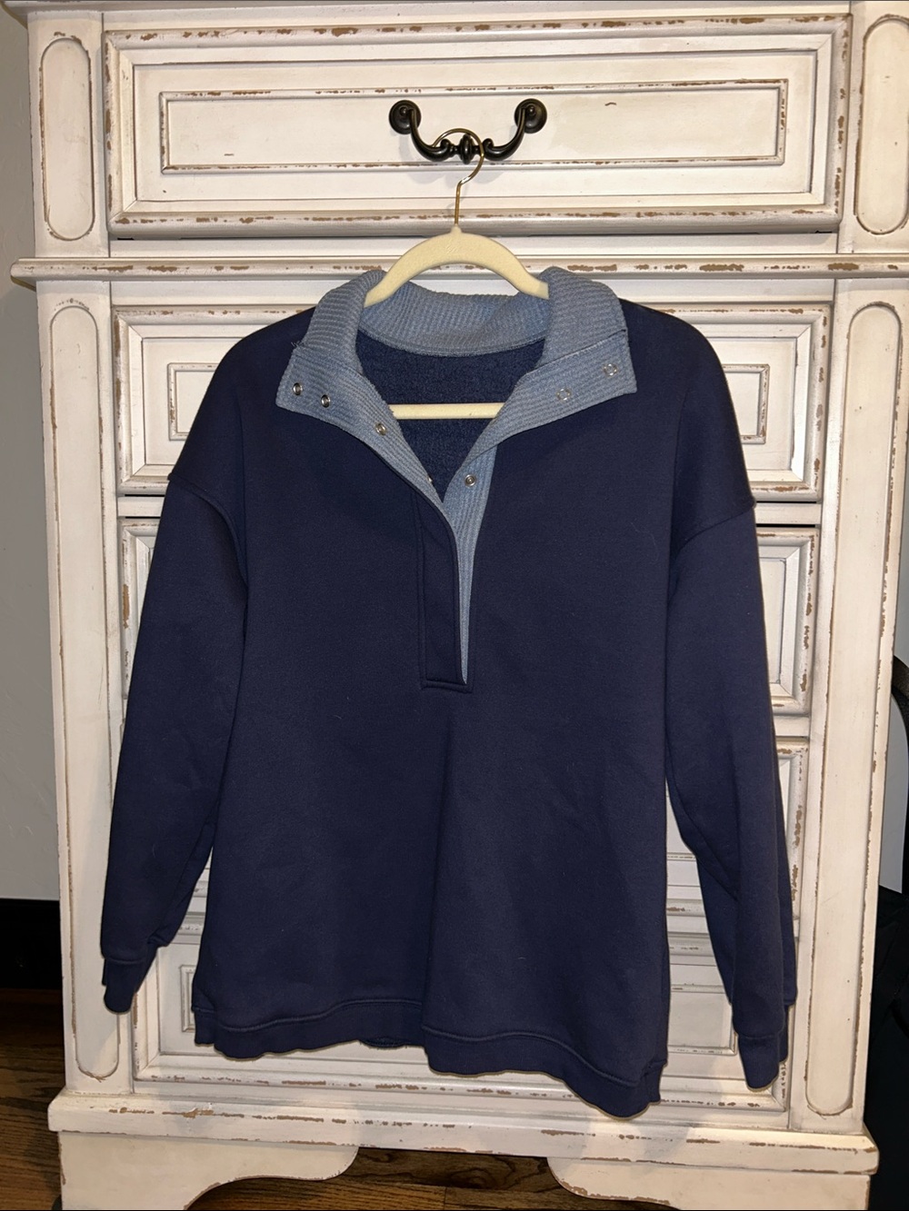 Navy Half-Zip Sweater with Light Blue Ribbed Snap Collar